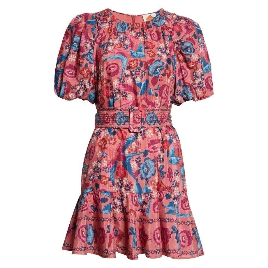 New Farm Rio Floral Birds Puff-Sleeve Mini Dress Blush Pink Sweet Bold Print L